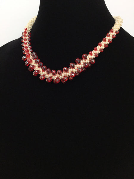 Cream & Red Teardrops Kumihimo Necklace