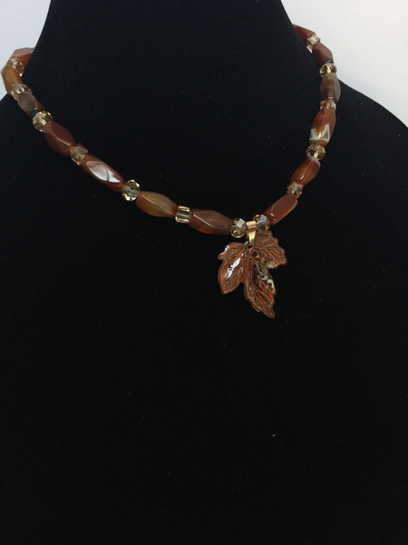 Brownish Agate Rectangular Tube Beads W/Maple Leaf Pendant