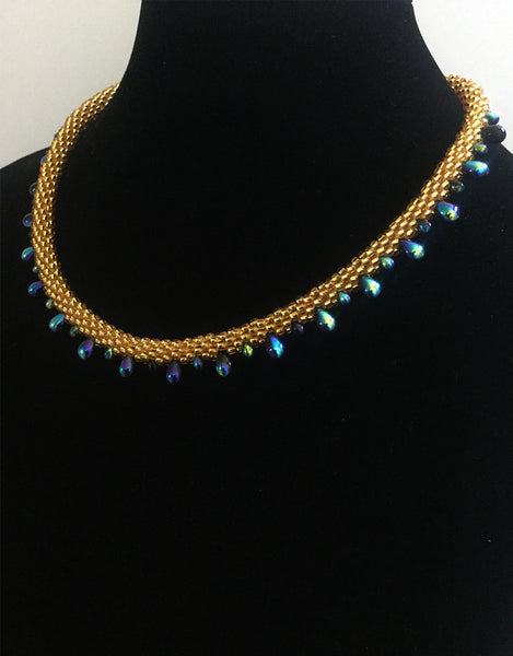 Black Blue & Gold Czech Teardrop Necklace