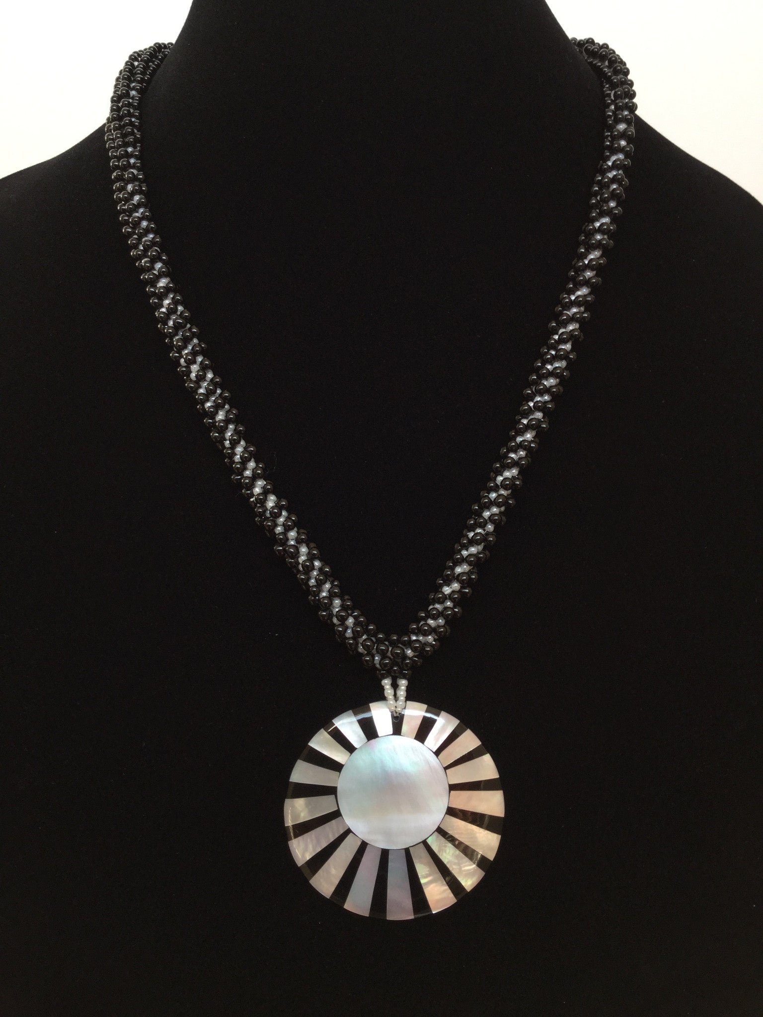 Black & White Round Sea Shell Pendant Kumihimo Necklace