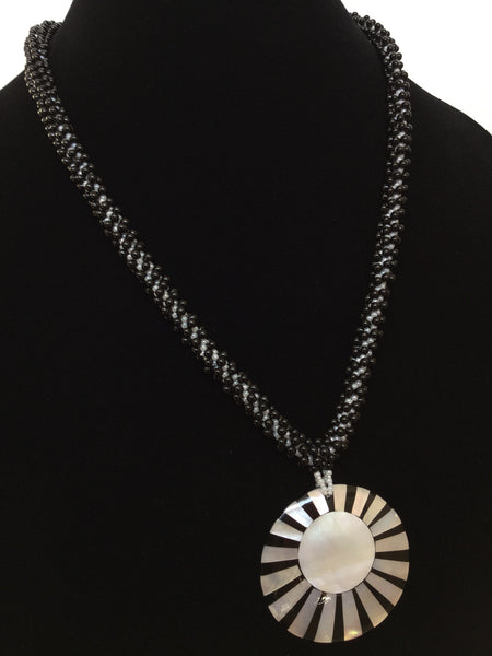 Black & White Round Sea Shell Pendant Kumihimo Necklace
