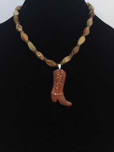 Beige/Brown Wavy Tube Quartz Beads W/Cowboy Boot Pendant Necklace