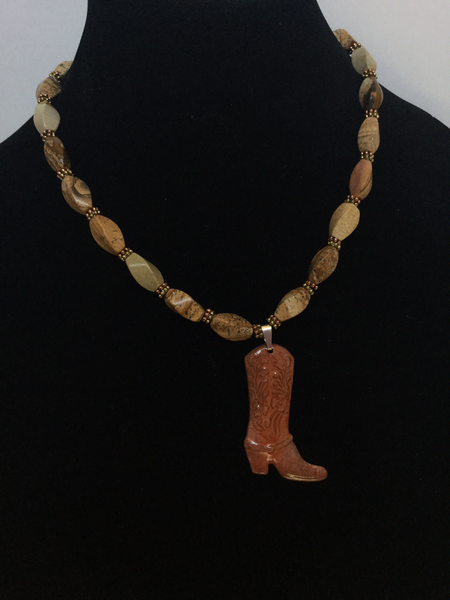 Beige/Brown Wavy Tube Quartz Beads W/Cowboy Boot Pendant Necklace