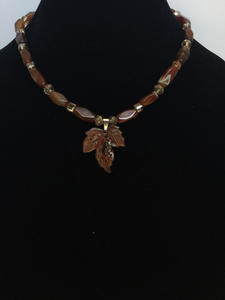 Brownish Agate Rectangular Tube Beads W/Maple Leaf Pendant