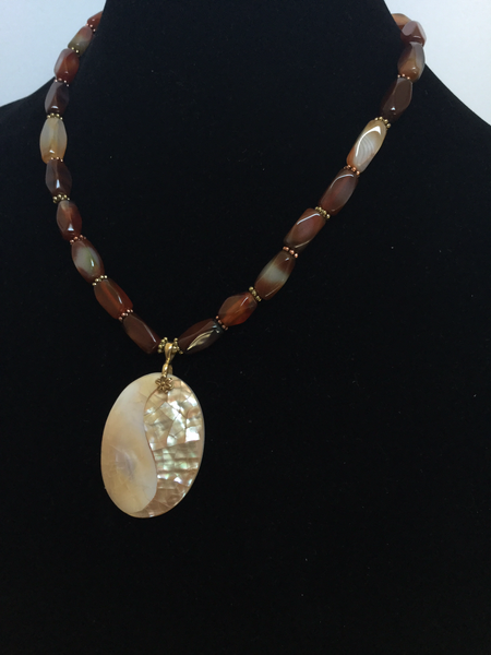 Brownish Agate Rectangular Tube Beads W/ Oval Shell Mosaic Pendant Necklace