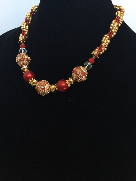 Red & Gold Beads Kumihimo Necklace