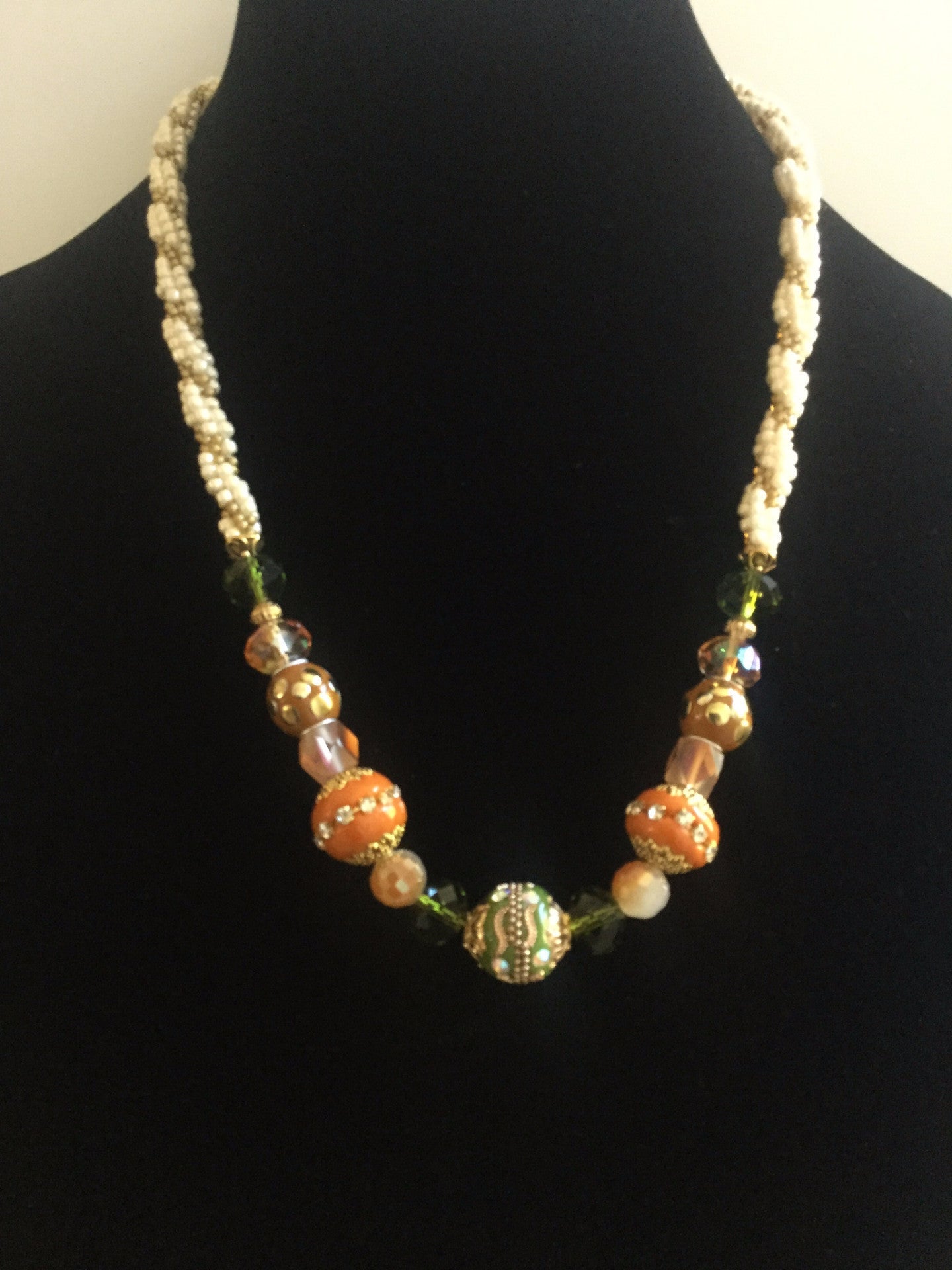 Green, Orange, Tan & White Beads Necklace