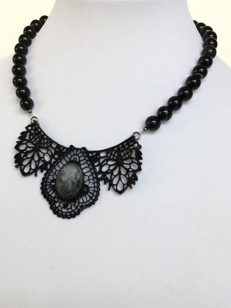 Black Metal Pendant with Cameo Necklace