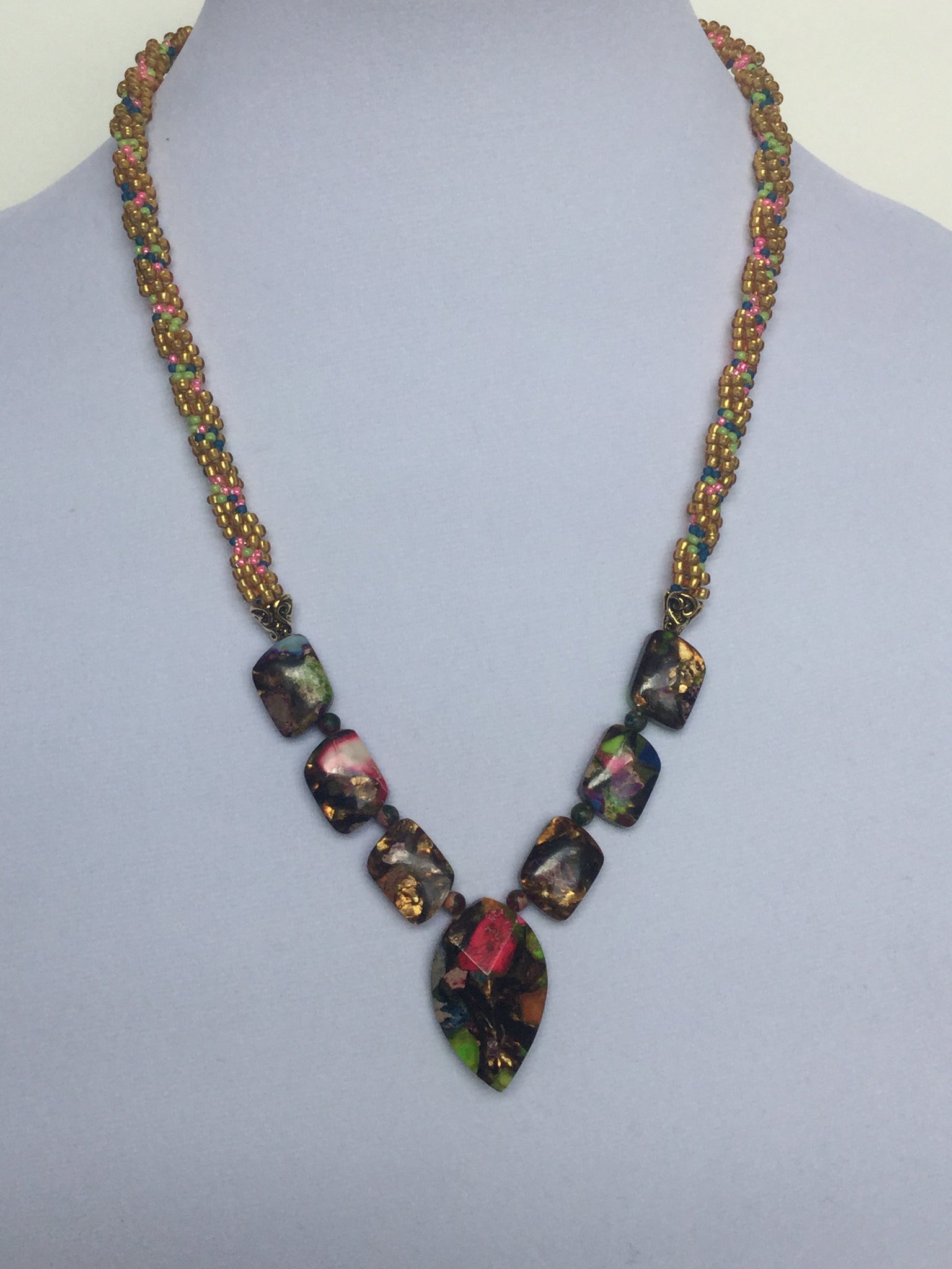 Multi Color Jasper w/Pointed Oval Pendant Necklace