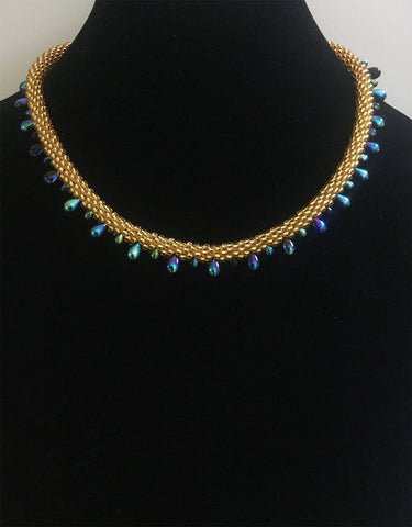 Black Blue & Gold Czech Teardrop Necklace