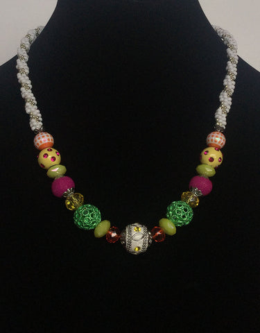 Multi-Colored Beads on White Kumihimo Necklace