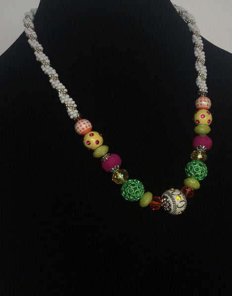 Multi-Colored Beads on White Kumihimo Necklace